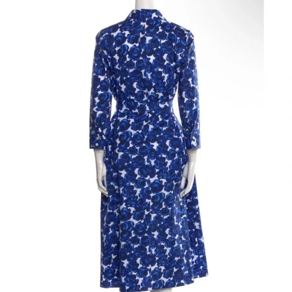 Carolina Herrera cotton Blue and White Floral Long Sleeve self-tie belt Dress - Picture 4 of 11